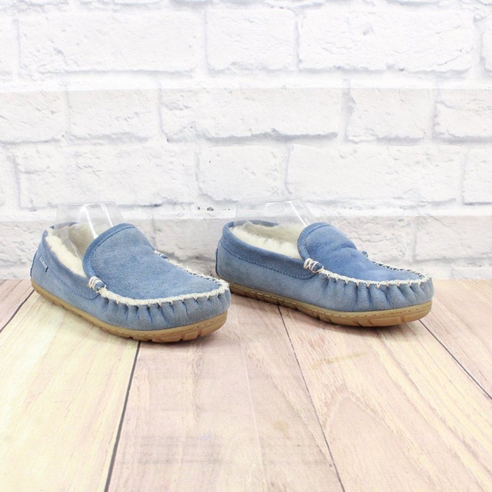 LL BEAN Blue Shearling Lined Wicked Good Moccasin Slippers Size 6 - Picture 3 of 10